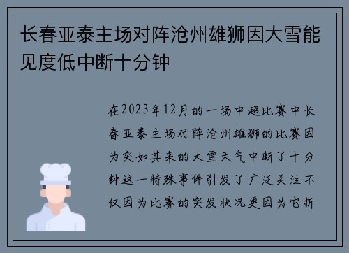 长春亚泰主场对阵沧州雄狮因大雪能见度低中断十分钟 长春亚泰主场对阵沧州雄狮因大雪能见度低中断十分钟