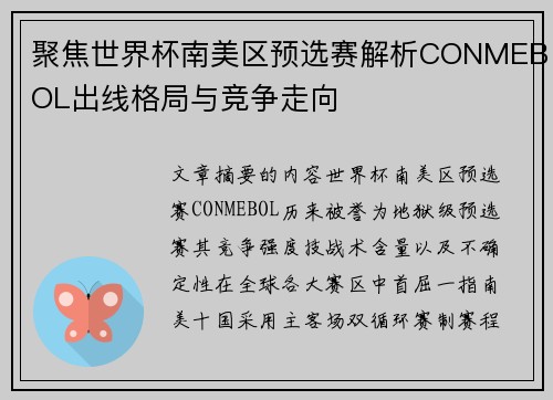 聚焦世界杯南美区预选赛解析CONMEBOL出线格局与竞争走向