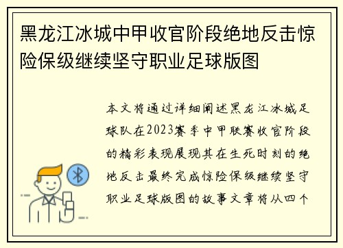黑龙江冰城中甲收官阶段绝地反击惊险保级继续坚守职业足球版图 黑龙江冰城中甲收官阶段绝地反击惊险保级继续坚守职业足球版图